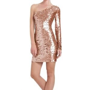 BCBGMAXAZRIA NEW Lyn Copper Combo One Shoulder Sequined Mini Dress Size S